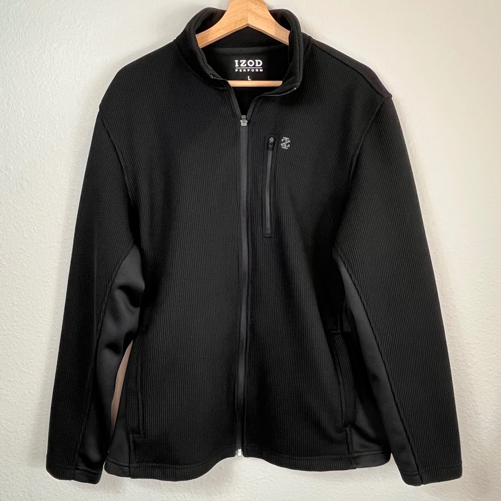 IZOD Perform Mens Black Waffle Knit Full Zip Jacket Large Gorpcore Athleisure